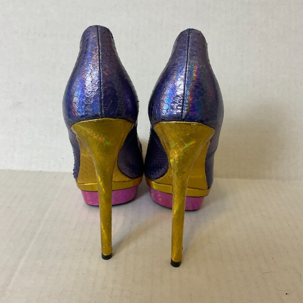 Brian Atwood Platform Stiletto Heels 6.5 Purple Gold Magenta Snakeskin Print - Picture 4 of 9